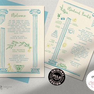 CARTA DE BIENVENIDA DE BODAS + plantilla de línea de tiempo / itinerario griego / nota de bienvenida / destino Grecia / eventos de fin de semana / dibujado a mano / 0050