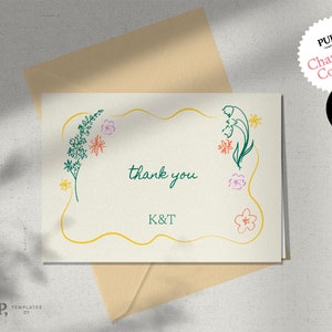 TARJETA DE GRACIAS / editable / tarjeta de agradecimiento de boda / agradecimiento personalizado / caprichoso, borde de vieira de flores silvestres / descarga instantánea / 0053