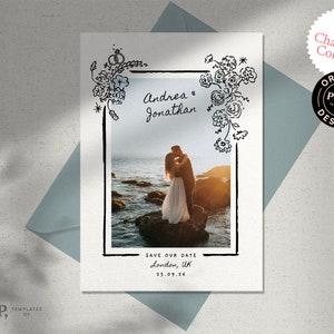 foto GUARDAR LA FECHA plantilla / caprichosa, funky, dibujada a mano, invitación floral audaz / retro vintage / invitación / 0054