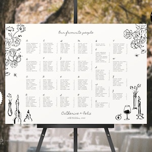 Sjablonen voor zitplaatstabellen (alfabetisch) | huwelijksreceptie | handgetekende illustraties en handgeschreven lettertypesignalisatie | 0054