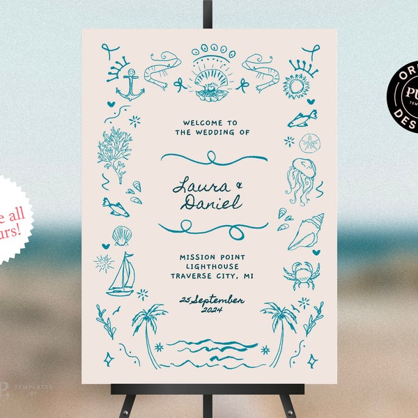 WEDDING WELCOME SIGN template | Beach inspired hand drawn and handwritten party sign | colorful, whimsical, coastal illustrations | 0033