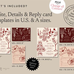 May include: Wedding invitation templates in U.S. and A sizes. The design includes a cake, wine, and martini glass illustrations in red and cream colors. Includes invite, details, and reply card templates.