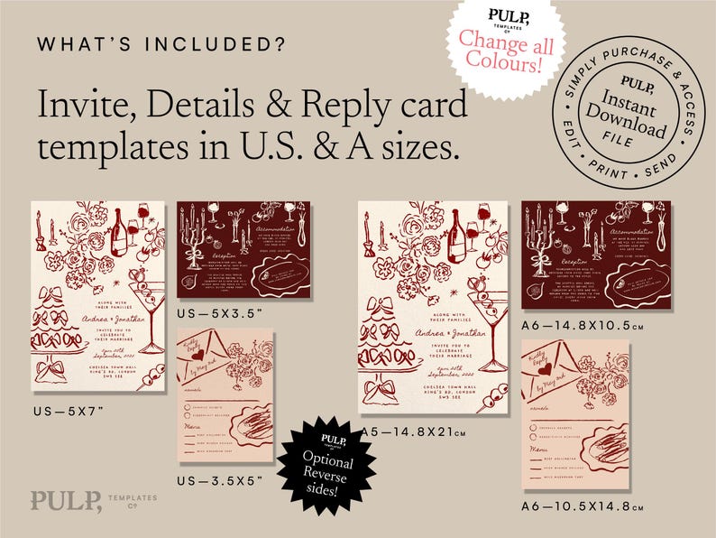 May include: Wedding invitation templates in U.S. and A sizes. The design includes a cake, wine, and martini glass illustrations in red and cream colors. Includes invite, details, and reply card templates.