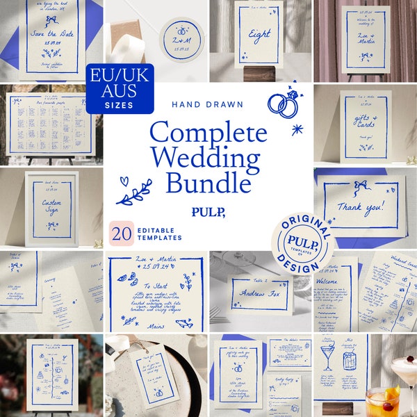 COMPLETE WEDDING BUNDLE templates **A sizes (cm) only** | Hand drawn & Handwritten funky illustrated Whimsical Signage | Colorful | 0024