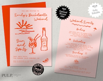 BACHELORETTE PARTY INVITATION Template | weekend Itinerary | hens | tropical, beach illustration | handwritten | fun | spritz | 0035