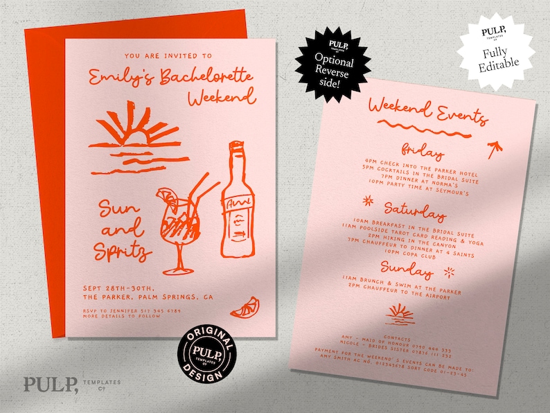 BACHELORETTE PARTY INVITATION Template weekend Itinerary hens tropical, beach illustration handwritten fun spritz 0024 image 1