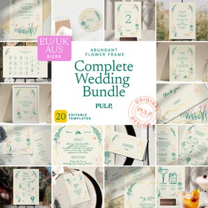 Könnte beinhalten: Ein komplettes Hochzeitspaket mit 20 editierbaren Vorlagen. Das Paket enthält eine Vielzahl von Artikeln, wie z. B. einen Sitzplan, ein Menü, ein Willkommenszeichen und eine Dankeskarte. Die Artikel sind mit einem floralen Motiv verziert und der Text "Complete Wedding Bundle" ist in der Mitte des Bildes zu sehen.