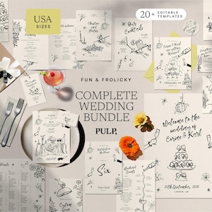 May include: A complete wedding bundle with over 20 editable templates. The design features black and white illustrations of cocktails, cakes, and other wedding-related elements. The text includes "Fun & Frolicky" and "Complete Wedding Bundle". Includes USA sizes.