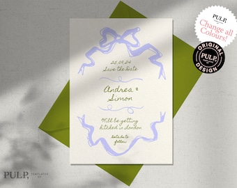 SAVE THE DATE template | hand drawn and handwritten invite | illustrated retro bow | vintage purple green | digital | 0025