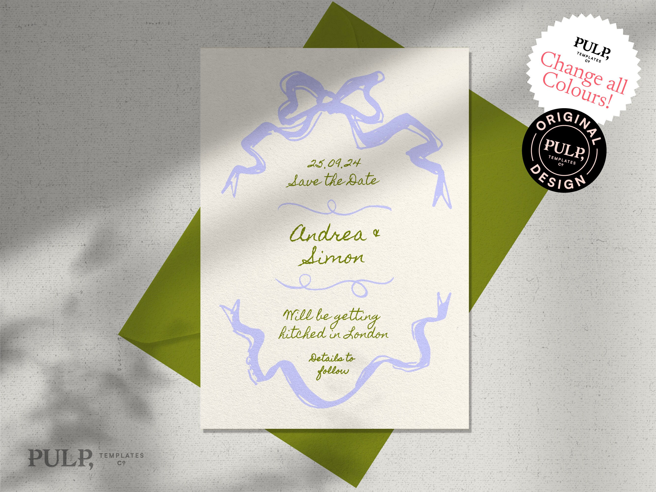 SAVE THE DATE template | hand drawn and handwritten invite | illustrated retro bow | vintage purple green | digital | 0025