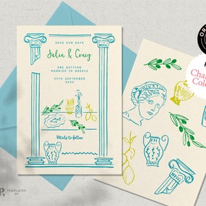 Modello di invito SAVE THE DATE / matrimonio in Grecia / scritto e disegnato a mano / matrimonio di destinazione / divertente illustrazione unica / colorato / 0050