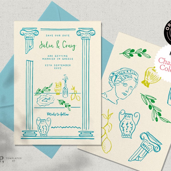 SAVE THE DATE invite template | Greece wedding | handwritten & hand drawn | destination wedding | fun unique illustration | colorful | 0050