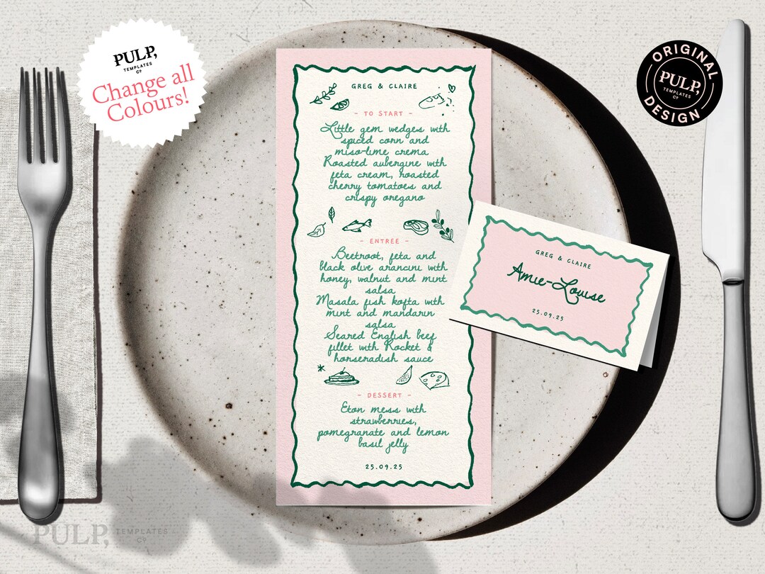 MENU + PLACE CARD Template | Hand Drawn & Handwritten Scribble ...