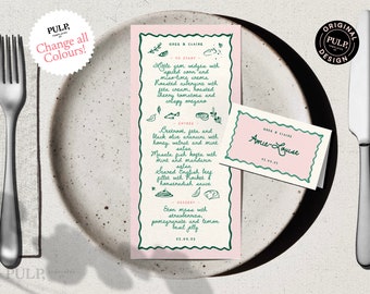 May include: A pink and green menu card with a handwritten menu for a wedding reception. The menu includes a starter, entree, and dessert. The card also includes a place card with the name "Amie-Louise" and the date "15.09.25".