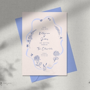 Plantilla para GUARDAR LA FECHA / invitación con flores silvestres dibujadas a mano / invitación floral romántica retro vintage / 0056