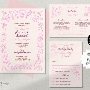 May include: A pink and white wedding invitation suite featuring a hand-drawn floral design. The invitation includes the names Laura and Daniel, the date 25 September 2024, and the location Mission Point Lighthouse, Traverse City, MI. The RSVP card includes a section for guests to indicate their attendance and a menu with three options.