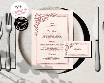 MENU + PLACE CARD template | retro hand drawn scribble illustrated ditsy floral | handwritten digital menu | wedding party menu | 0031