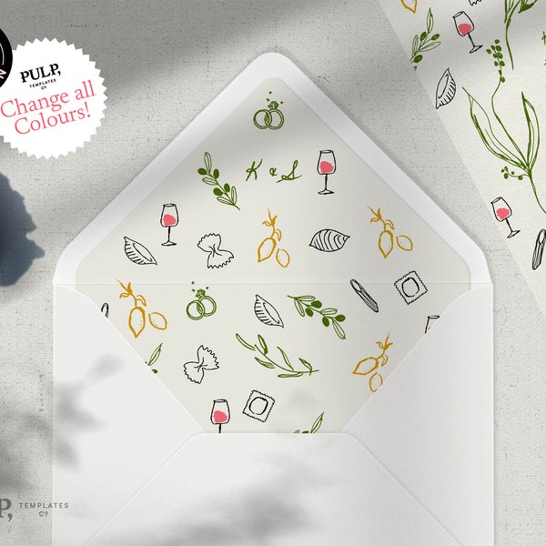 usa size ENVELOPE LINER TEMPLATE | A7-5x7" | A6-4x6" invite envelope liner | italian funky colorful hand drawn | pasta | 0036