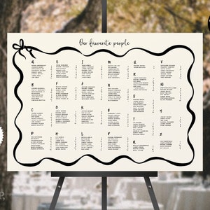 May include: A black and white wedding seating chart with a wavy line border and a bow at the top. The chart is titled "Our favourite people" and lists names in alphabetical order.