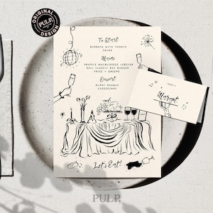 Peut inclure: Un menu et une carte de place avec une illustration en noir et blanc d'un couvert. Le menu énumère des plats comme la burrata, le homard au mac et au fromage à la truffe et le cheesecake. Une carte de place indique "Margot".