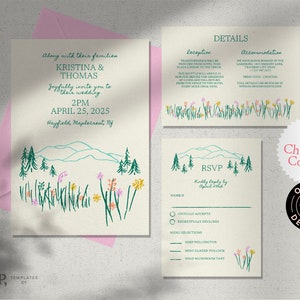 WEDDING INVITATION SET template | hand drawn scribble illustrations & handwritten |  colorful, fun, wildflower, mountain catskills | 0035