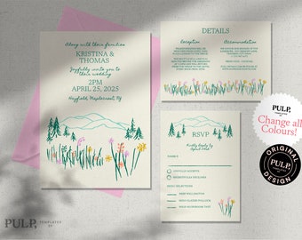 WEDDING INVITATION SET template | hand drawn scribble illustrations & handwritten |  colorful, fun, wildflower, mountain catskills | 0035