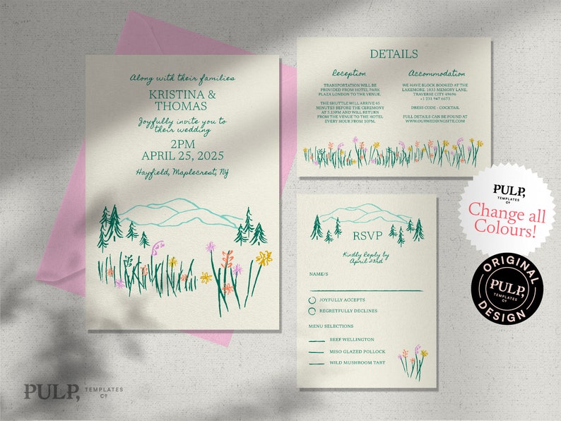 K&ouml;nnte beinhalten: Hochzeitseinladungs-Set mit einem von der Natur inspirierten Design. Die Einladung enth&auml;lt den Text: "KRISTINA & THOMAS" und "APRIL 25, 2025". Das Design umfasst eine Bergkette, B&auml;ume und Wildblumen in T&uuml;rkis und Gelb. Enth&auml;lt RSVP- und Detailkarten.