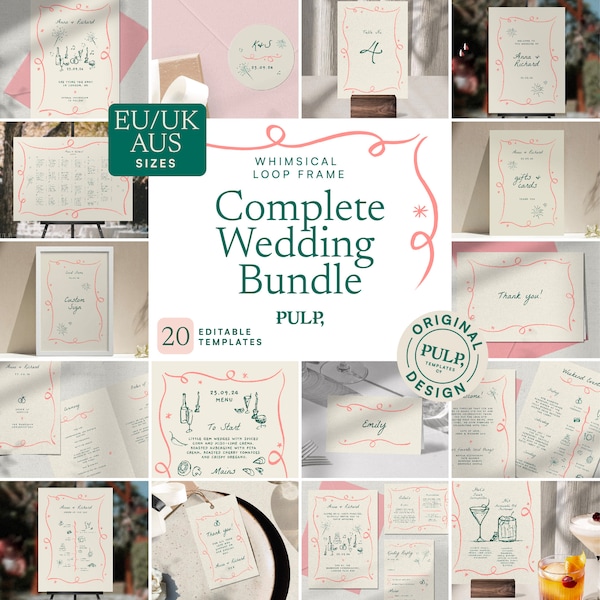 COMPLETE WEDDING BUNDLE templates **A sizes (cm) only** | Hand drawn & Handwritten funky illustrated Whimsical Signage | Colorful | 0030