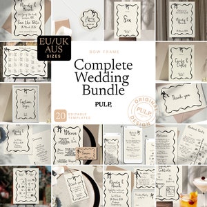 May include: A collection of 20 printable wedding templates in black and white with a bow frame design. The templates include a save the date card, welcome sign, seating chart, menu, thank you card, and more. The text on the templates reads "Wendy & Henrik" and "Pulp, Original Templates Design".