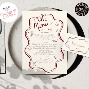 MENU + CARTE DE PLACEMENT Modèle |  Menu de mariage fantaisiste illustré à la main et griffonné à la main | festonné ondulé | 0055