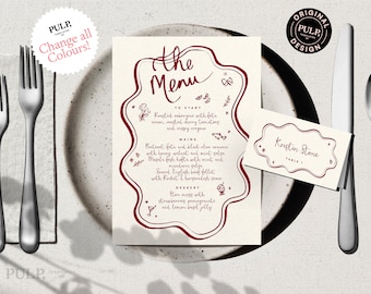 Plantilla de MENÚ + TARJETA DE LUGAR / Menú de boda caprichoso ilustrado con garabatos dibujados y escritos a mano / borde ondulado festoneado / 0055