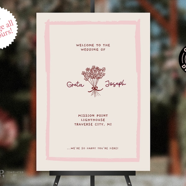 WELCOME SIGN template | simple, colorful, whimsical, funky, hand drawn, scribbled illustrated signage | handwritten wedding | floral | 0038