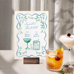 SIGNATURE DRINKS SIGN Template | Custom Cocktail | Hand drawn & Handwritten illustrated Whimsical Wedding Menu| Wavy Edge | Printable | 0046