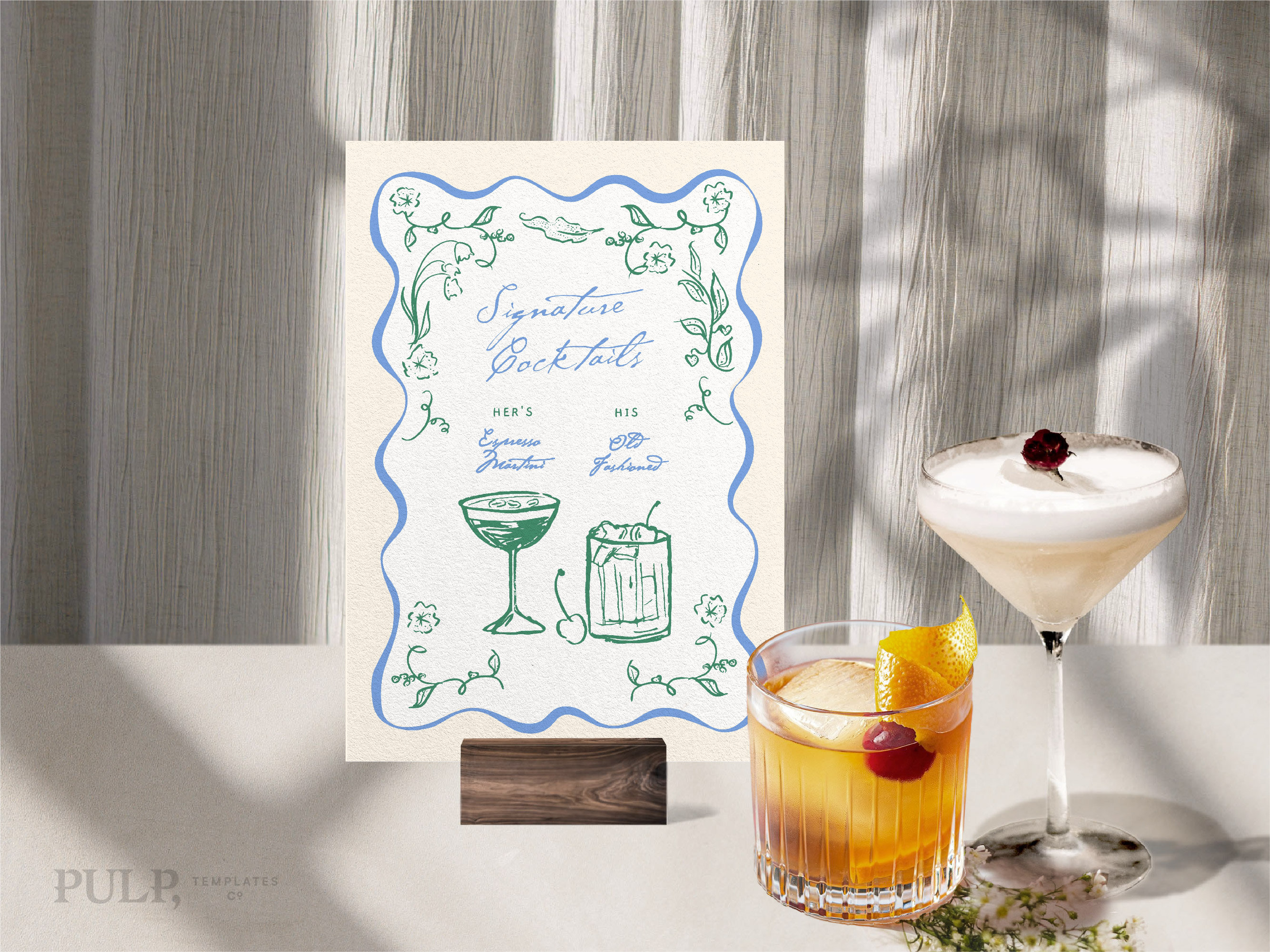 SIGNATURE DRINKS SIGN Template | Custom Cocktail | Hand drawn & Handwritten illustrated Whimsical Wedding Menu| Wavy Edge | Printable | 0046