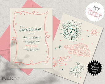 SAVE THE DATE template | hand drawn celestial illustrations & handwritten invite | funky, colorful, fun whimsical trendy invitation | 0030