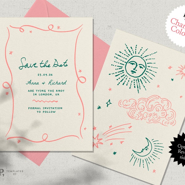 SAVE THE DATE template | hand drawn celestial illustrations & handwritten invite | funky, colorful, fun whimsical trendy invitation | 0030