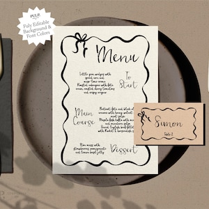 MENU + PLACE CARD template / Retro 50s Wavy Scallop Edge with Black Bow / Mid Century Style with Handwritten font / Black & White / 0021