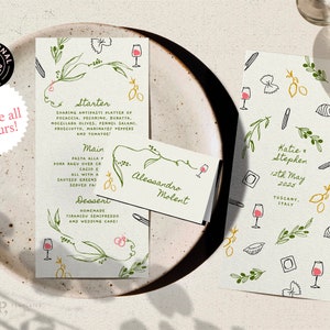 Plantilla de MENÚ + TARJETA DE SITIO / Menú de boda italiano caprichoso, dibujado y escrito a mano, ilustrado con garabatos / Imprimible en tamaño dl y 4 x 9" / 0036