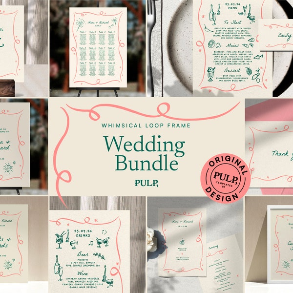 WEDDING on the day BUNDLE TEMPLATES | hand drawn & handwritten unique, fun, illustrated whimsical signage | trendy wavy edge colorful | 0030