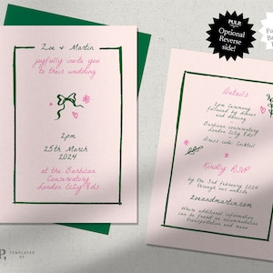 WEDDING INVITATION TEMPLATE | quirky whimsical scribbled hand drawn illustrated double sided invite | pink + green handwritten| digital |024