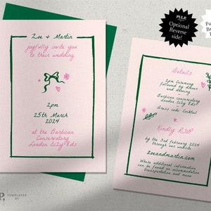May include: A pink and green wedding invitation with a hand-drawn design. The invitation is for Zoe and Martin's wedding on March 25th, 2024 at the Barbican Conservatory in London. The invitation includes details about the ceremony, dinner, and dancing. It also includes a RSVP request by February 3rd, 2024.
