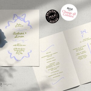 Può includere: Un ordine del servizio di cerimonia di matrimonio con un design a nastro viola. L'ordine del servizio include i nomi Andrea e Simon, la data 20 marzo 2020 e la posizione, il Barbican Conservatory a Londra.