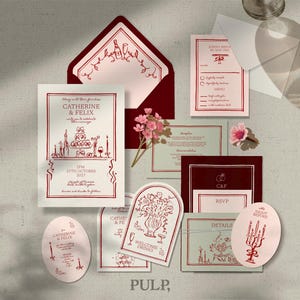 Puede incluir: Un conjunto de papelería de boda en burdeos y blanco, que incluye invitaciones, tarjetas de confirmación de asistencia y tarjetas de detalles. Los diseños presentan elegantes dibujos lineales de pasteles, velas y elementos florales. El texto incluye los nombres "CATHERINE & FELIX".