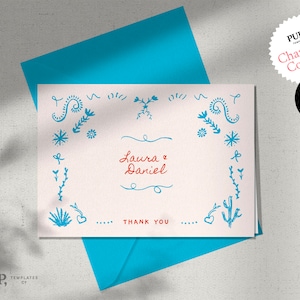 Plantilla de TARJETA DE GRACIAS / fiesta de boda mexicana inspirada tarjeta de agradecimiento / ilustraciones dibujadas a mano / manuscrita / colorida personalizada / 0033