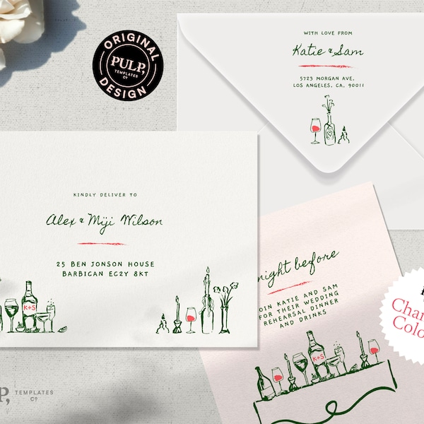 PRINTABLE ENVELOPE ADDRESS template | funky dinner party inspired illustration | wedding party invite | destination wedding | 0035