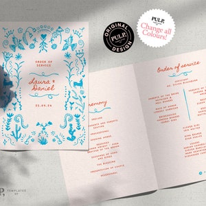 WEDDING CEREMONY PROGRAM template | Quirky Hand Drawn Mexican inspired Illustrations |  4 Sided, Folded Order of Service | Printable | 0033