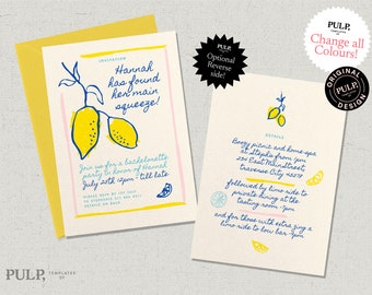 BACHELORETTE PARTY INVITATION Template | weekend Itinerary | hens | main squeeze, lemon illustration | colorful | fun | citrus |  0035