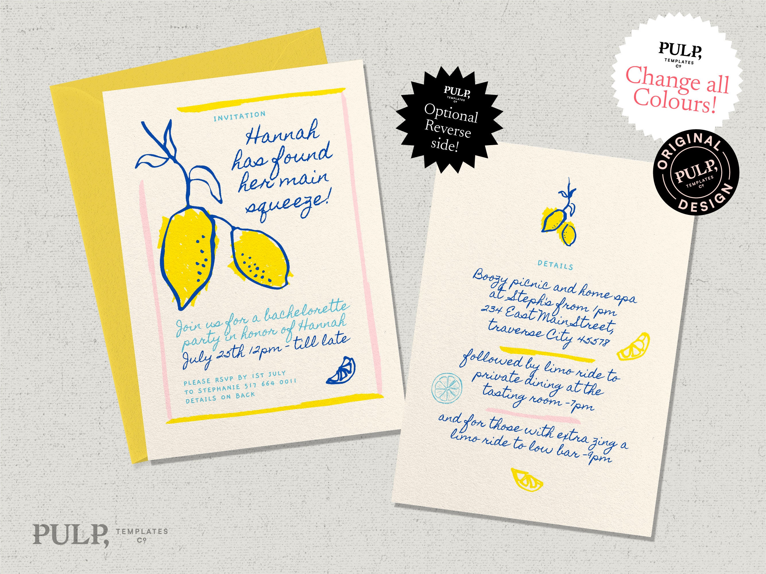 BACHELORETTE PARTY INVITATION Template | weekend Itinerary | hens | main squeeze, lemon illustration | colorful | fun | citrus |  0035