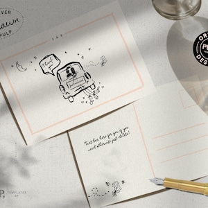 Plantilla de TARJETA DE AGRADECIMIENTO / Ilustraciones de una linda pareja dibujada a mano saliendo en un taxi y nota de agradecimiento de boda escrita a mano / 0035