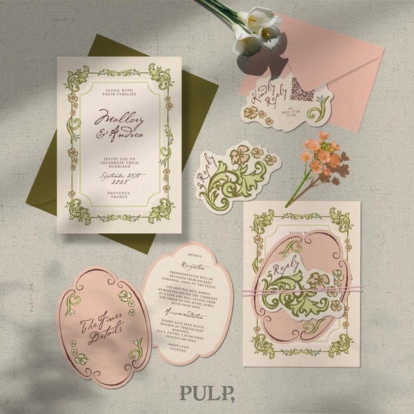 Art Nouveau Wedding Invitation Set, Die cut RSVP and Details Vintage Floral Aesthetic, Editable DIY | 0081
